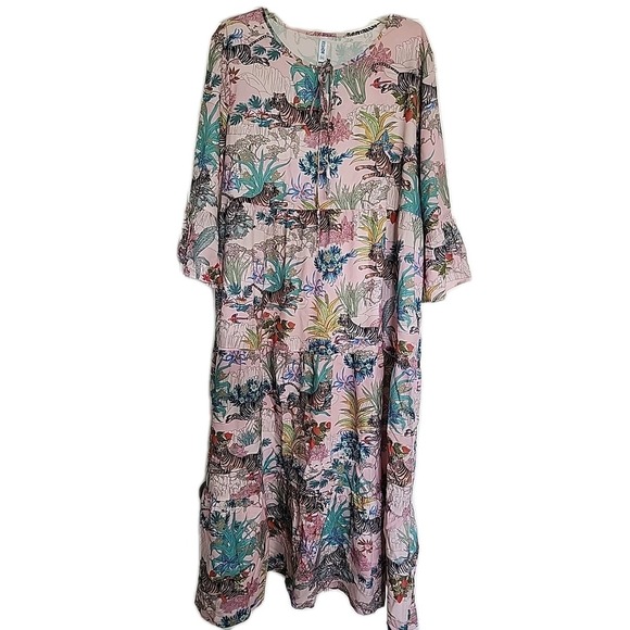 VII Show Dresses & Skirts - Summery Pink Asian Tiger Floral Tiered Maxi Mumu 3/4 Flutter Slvs Feminine 2XL